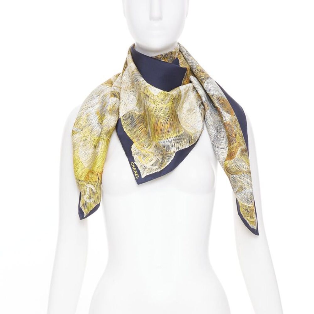 Chanel Blue Silk Twill Camellia Scarf